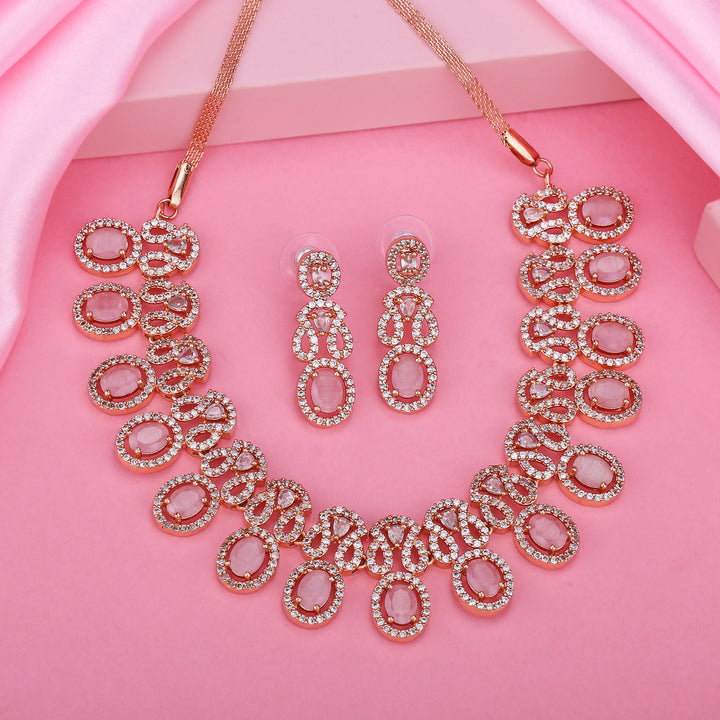 Estele Rose Gold Plated CZ Ravishing Necklace Set with Mint Pink Crystals for Women