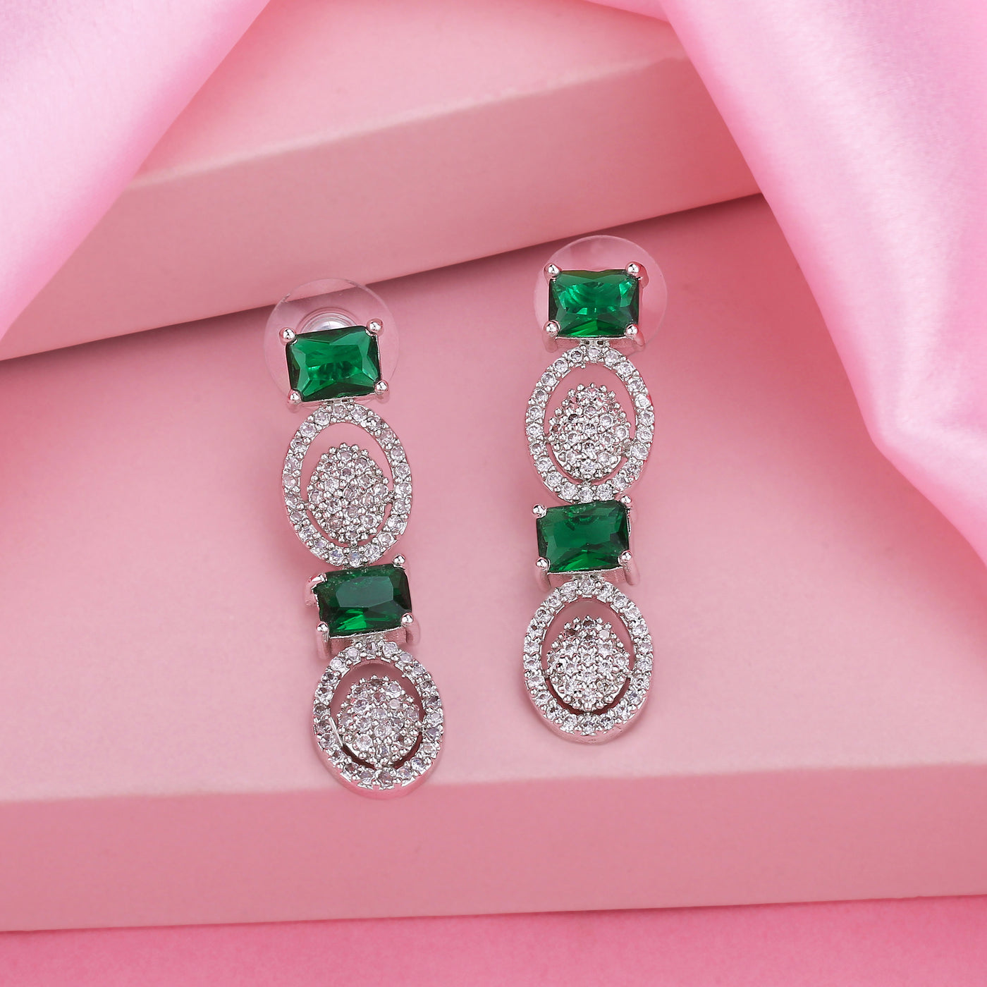 Estele Rhodium Plated CZ Adorable Earrings with Green Crystals for Women