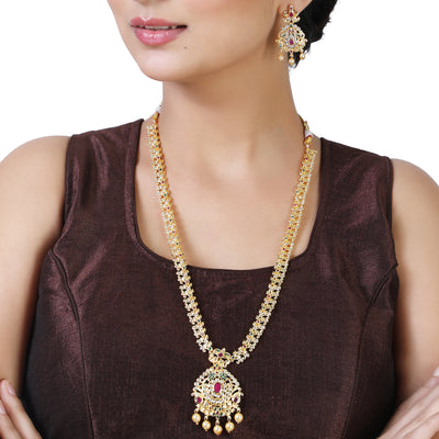 Estele Gold Plated CZ Designer Bridal Long Necklace set with Pearls & Colored Stones for Women