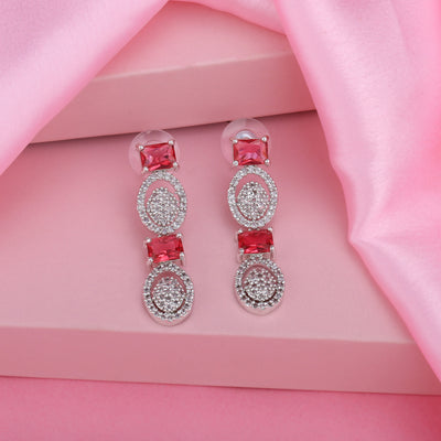 Estele Rhodium Plated CZ Classic Designer Earrings with Pink Crystals for Women