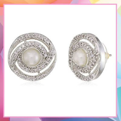 Estele Rhodium Plated American Diamond Pearl Stud Earrings for Women