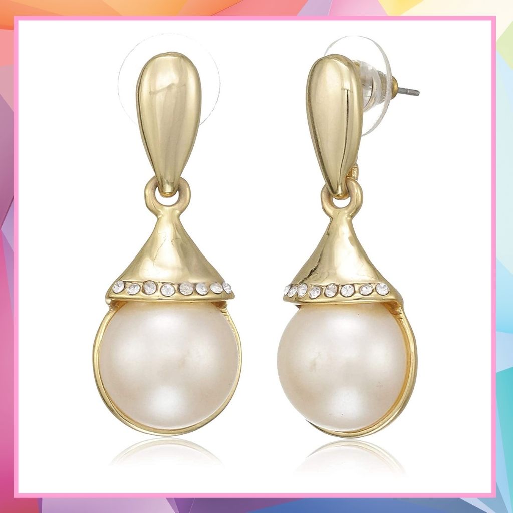 Estele Gold Plated Drop Earrings with Pearl and Austrian Crystal for Women