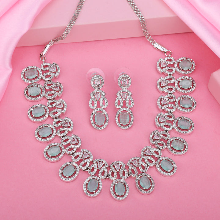 Estele Rhodium Plated CZ Fascinating Necklace Set with Mint Green Crystals for Women