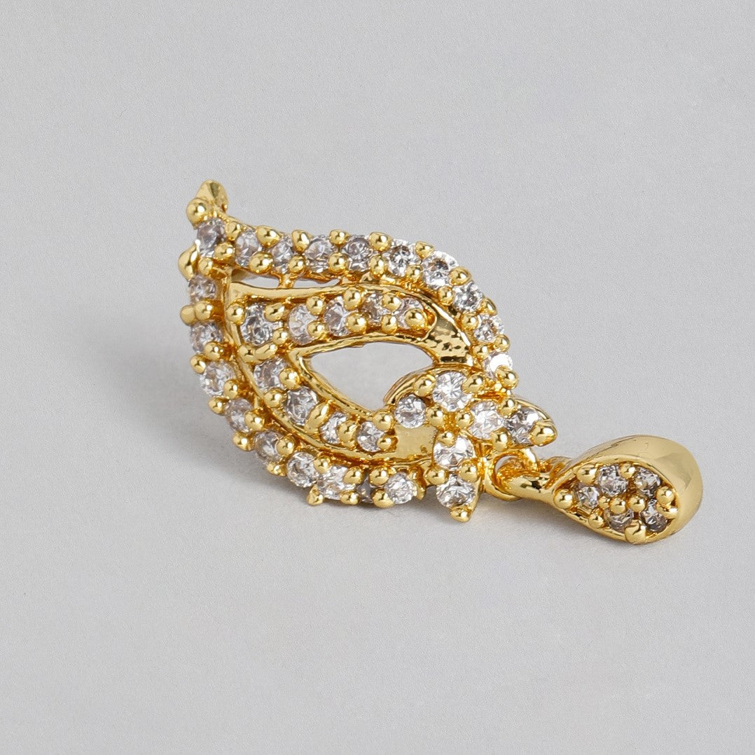 Estele Gold Plated American Diamond Mishaped Leaf Drop Earrings for Women
