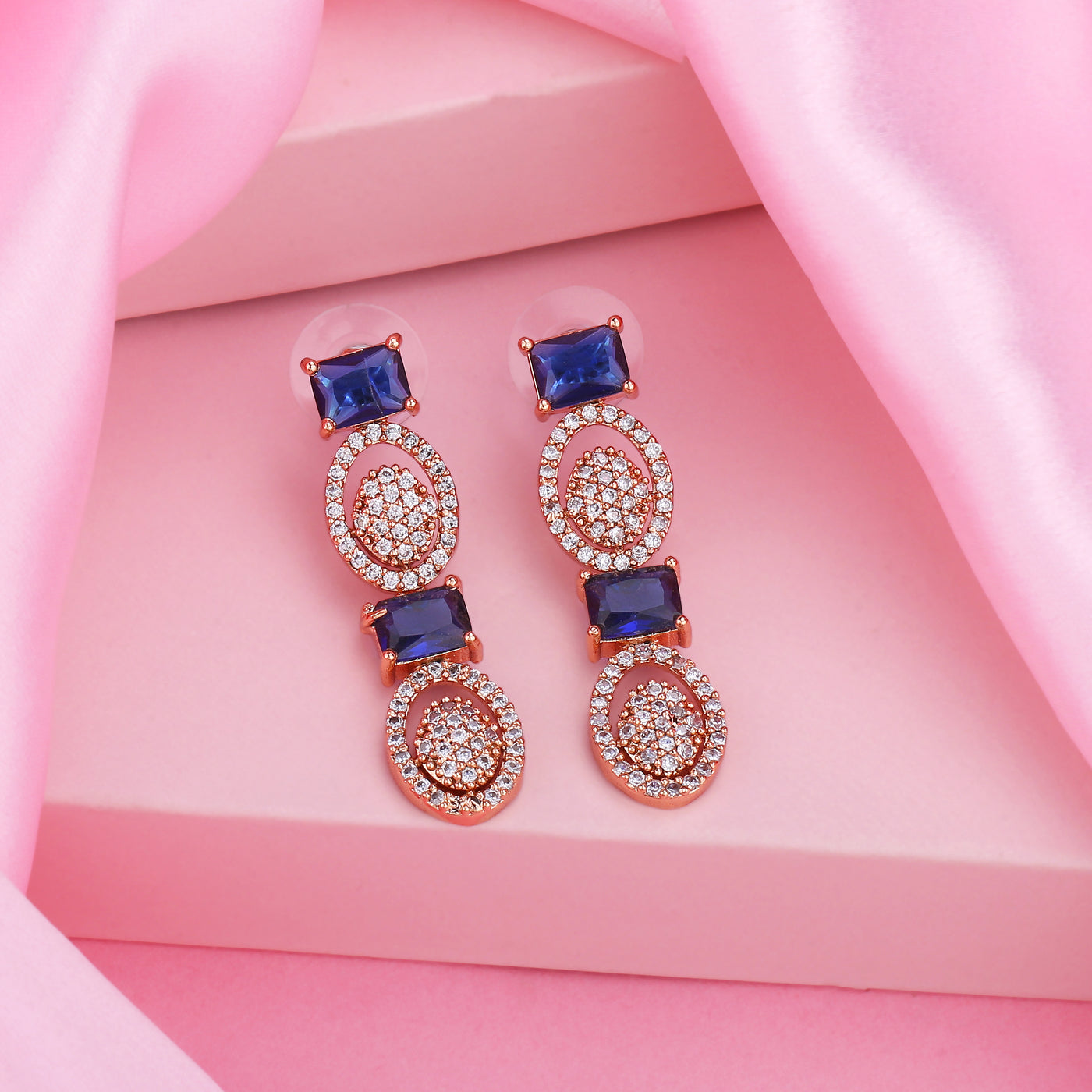 Estele Rose Gold Plated CZ Sparkling Earrings with Blue Crystals for Women