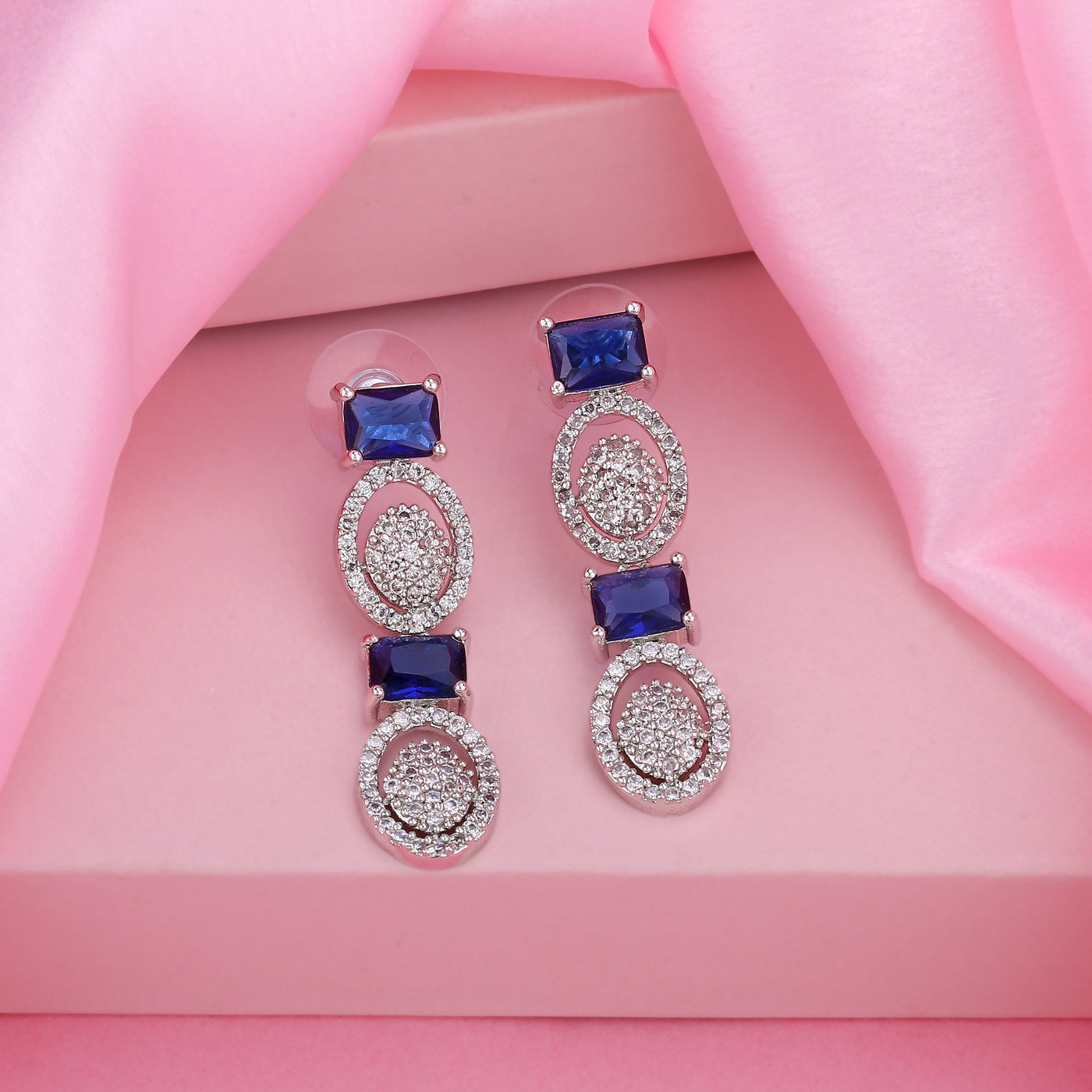 Estele Rhodium Plated CZ Ravishing Earrings with Blue Crystals for Women