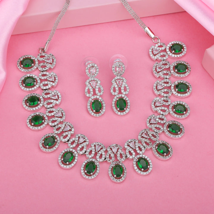 Estele Rhodium Plated CZ Gorgeous Necklace Set with Green Crystals for Women