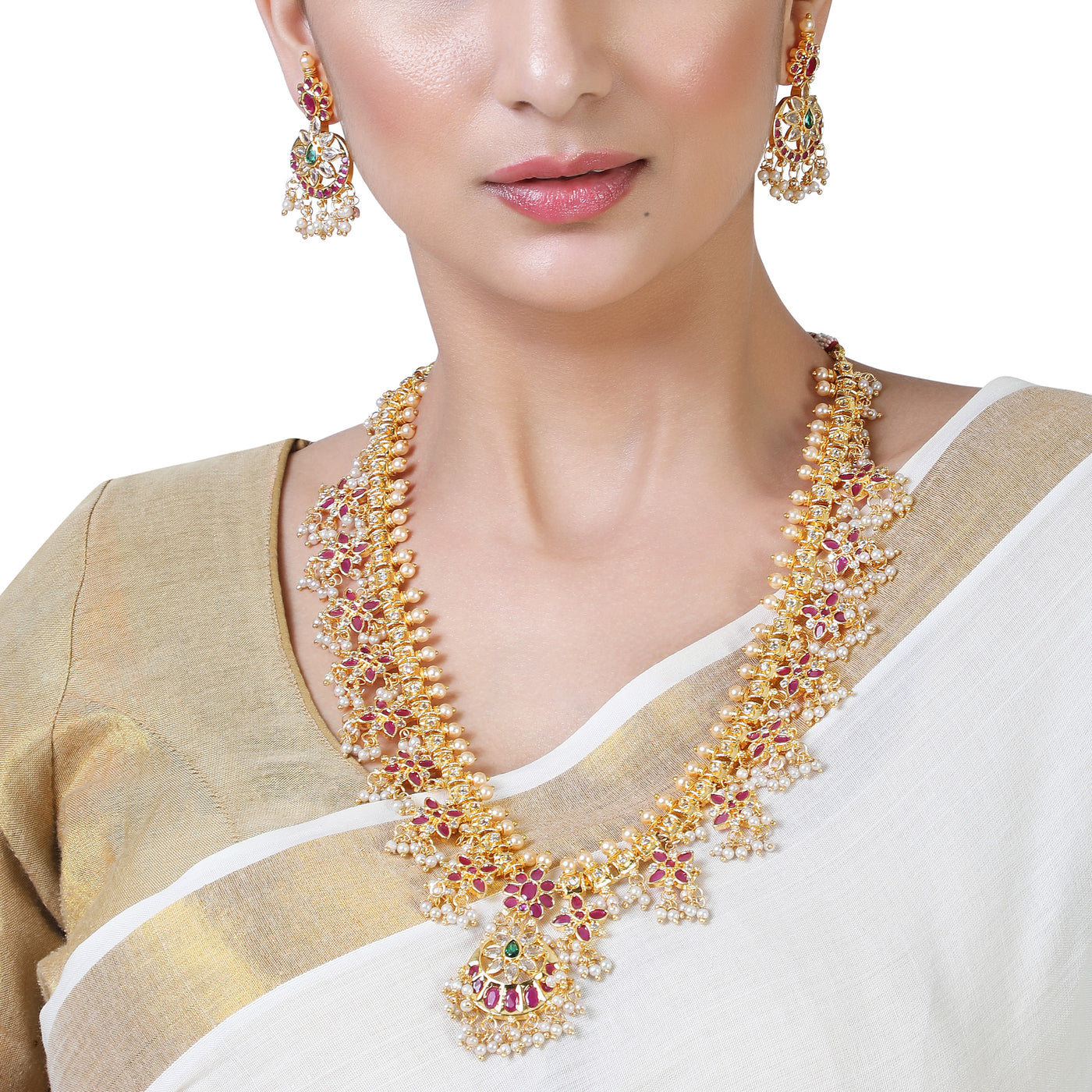 Estele Gold Plated MachliPatnam Long Necklace Set with Intricate Pearls work and Colored Stones for Women
