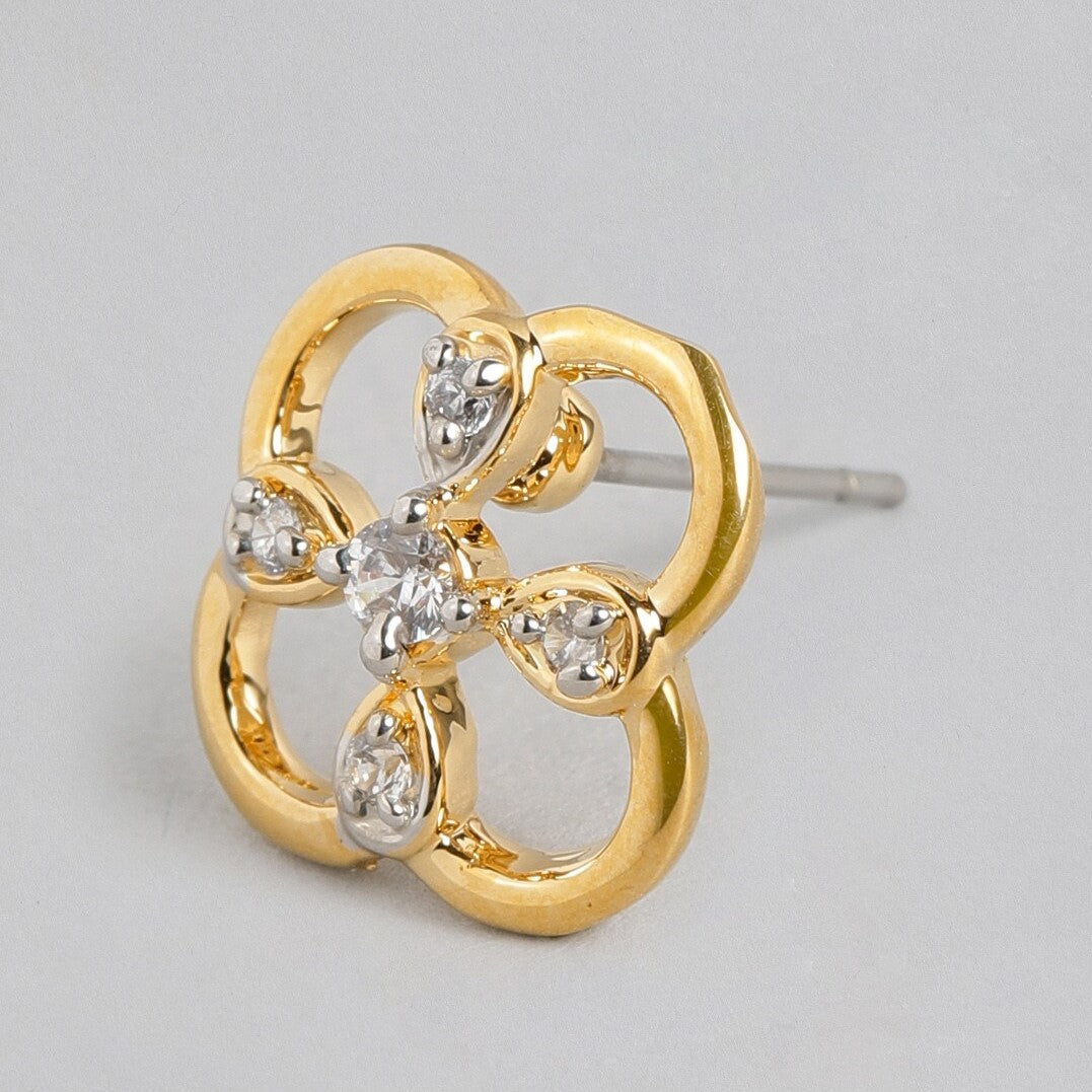 Estele Gold Plated American Diamond 4 Petal Clover Stud Earrings for women