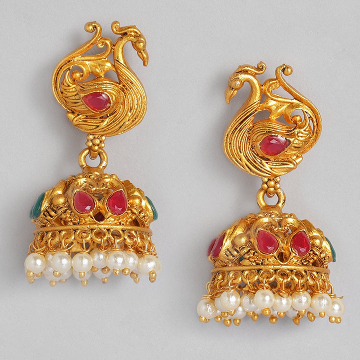 Estele - Gold Plated Holy Swans Designer Nakshi Temple Necklace Set with Colored Stones and Pearls for Women