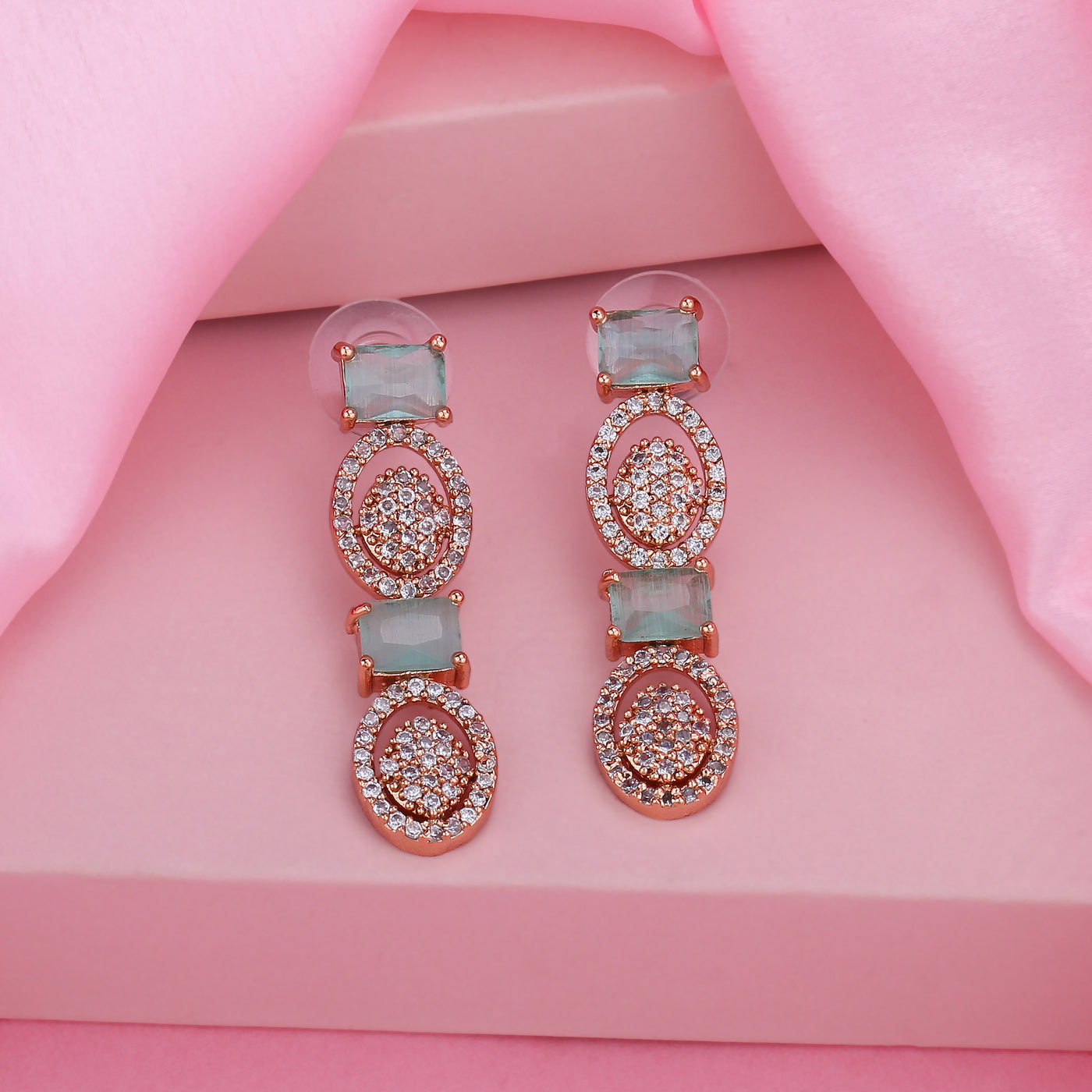 Estele Rose Gold Plated CZ Striking Earrings with Mint Green Crystals for Women
