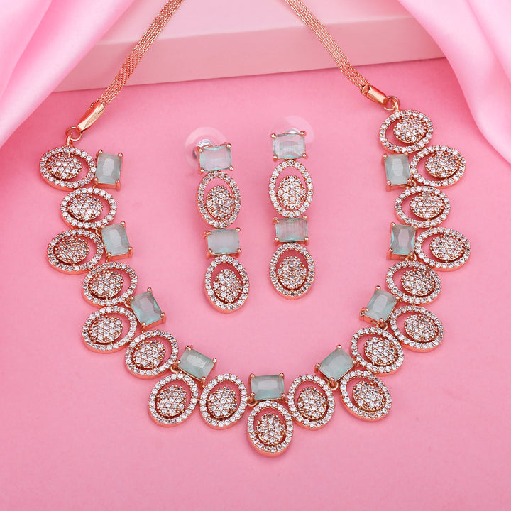 Estele Rose Gold Plated CZ Fascinating Necklace Set with Mint Green Crystals for Women