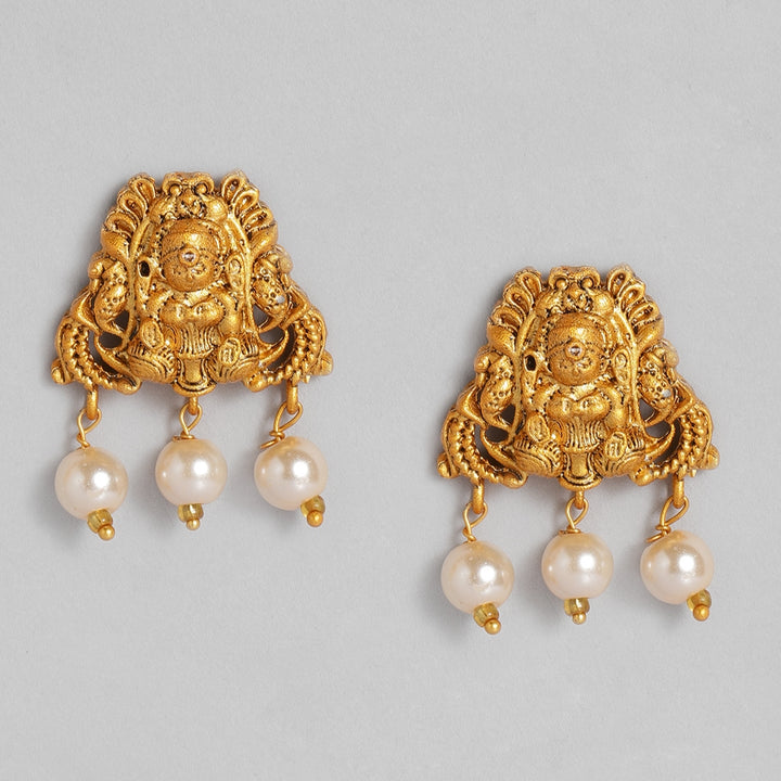 Estele Gold Plated Sacred Godess Lakshmi Nakshi Temple Necklace Set with Colored Stones & Pearls for Women