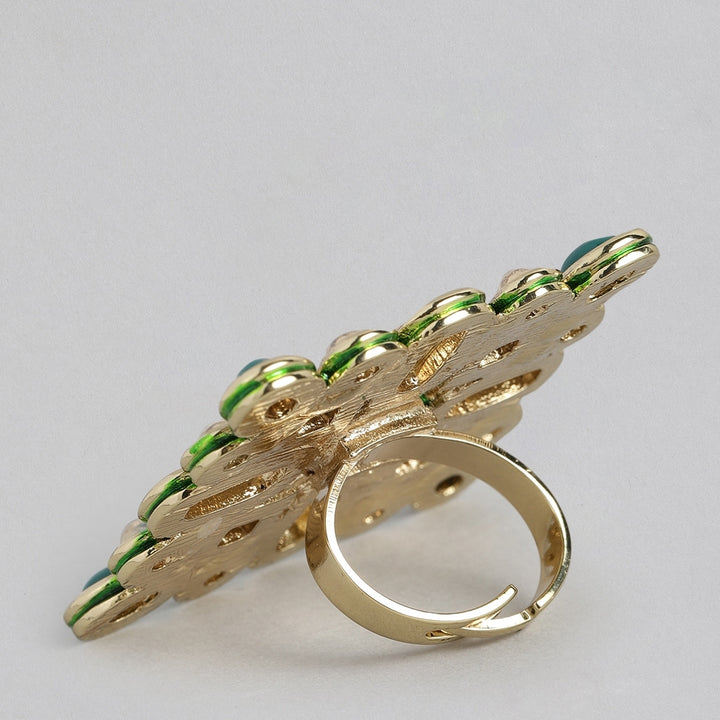 Estele Gold plated white polki kundan stones with green beads for women( non adjustable)