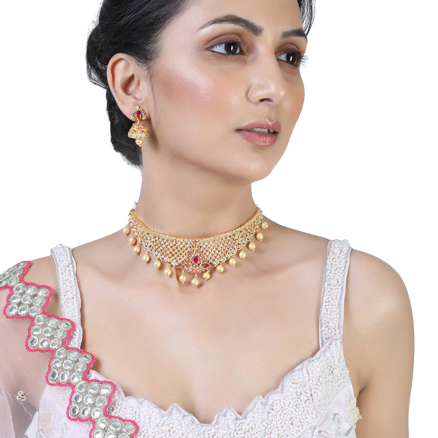 Estele Gold Plated CZ Traditional Bridal Choker Set with Pearls & Ruby Crystals for Women
