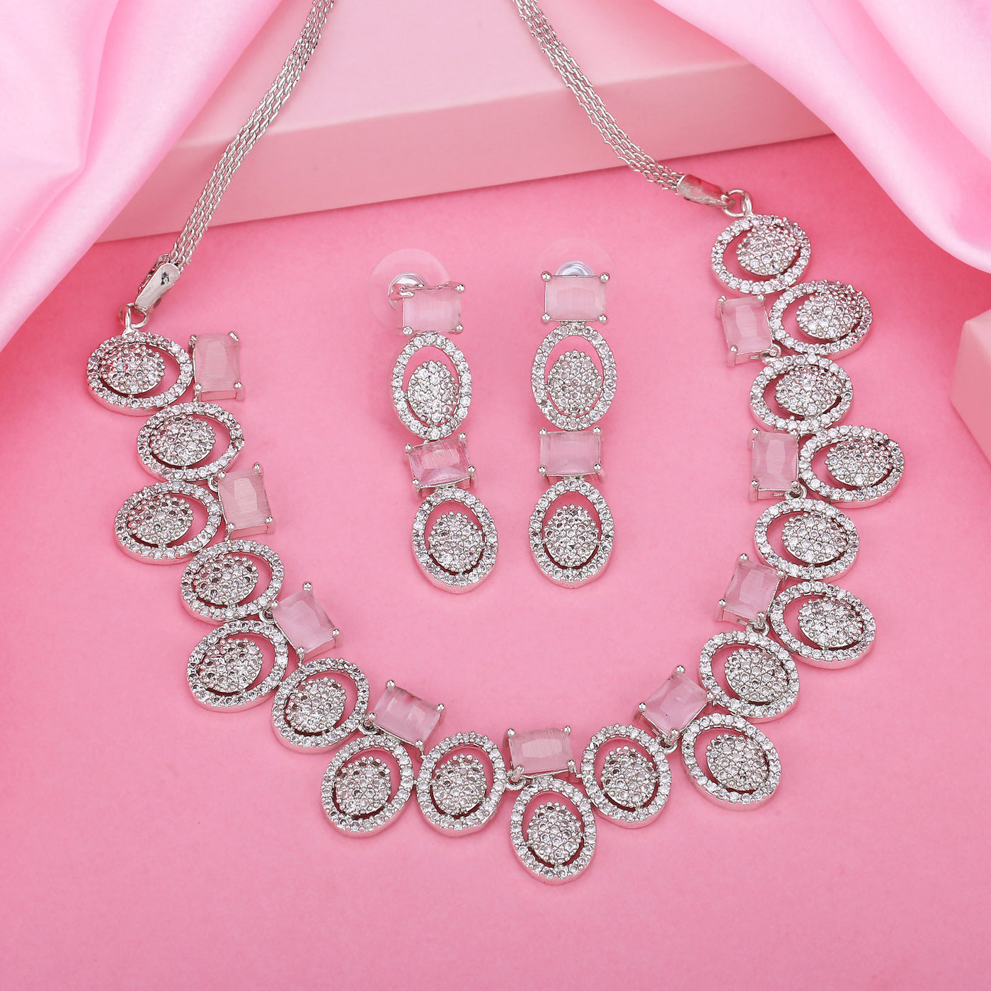 Estele Rhodium Plated CZ Elegant Necklace Set with Mint Pink Crystals for Women