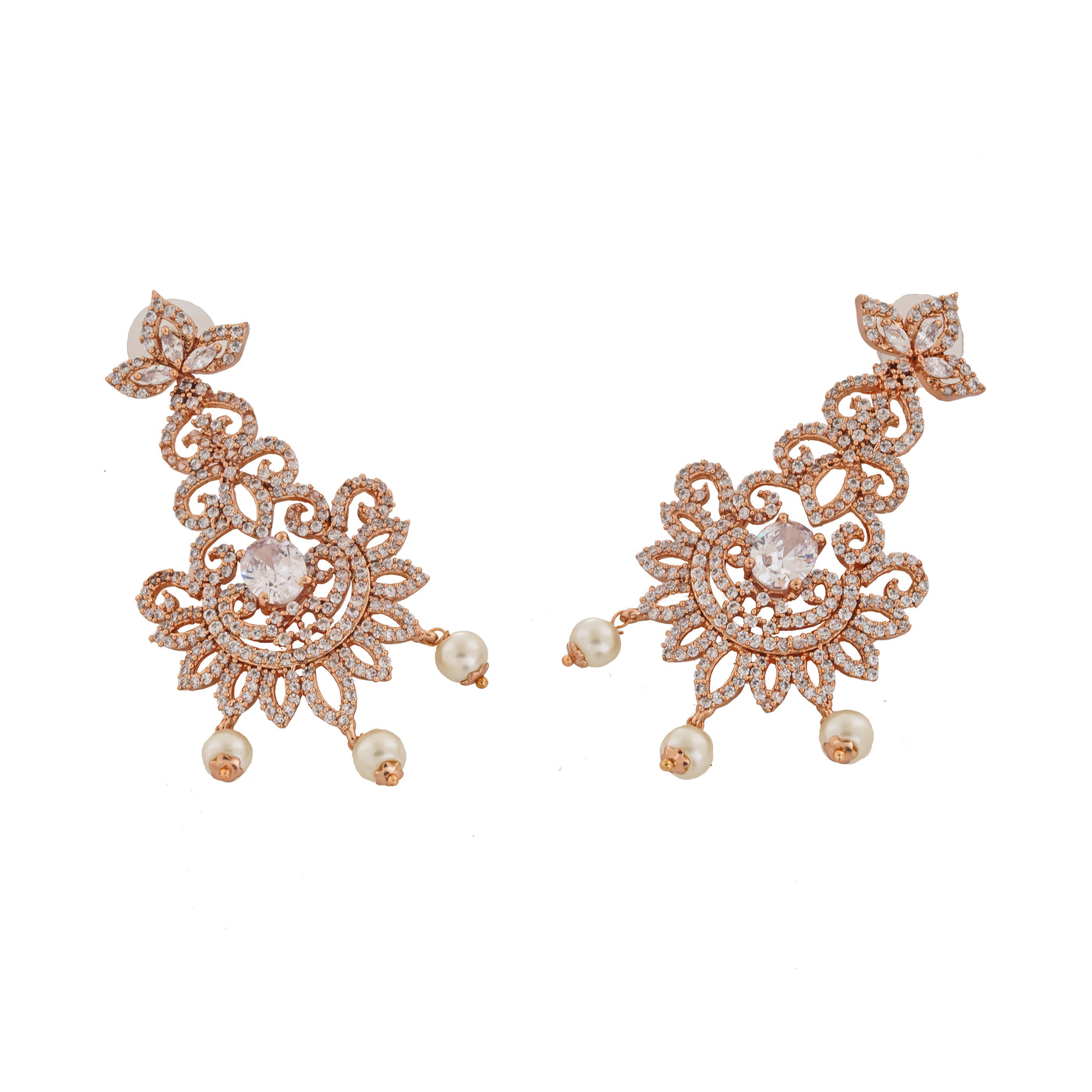 Estele Rose Gold Plated CZ Dazzling Diva Chandelier Earrings for Women