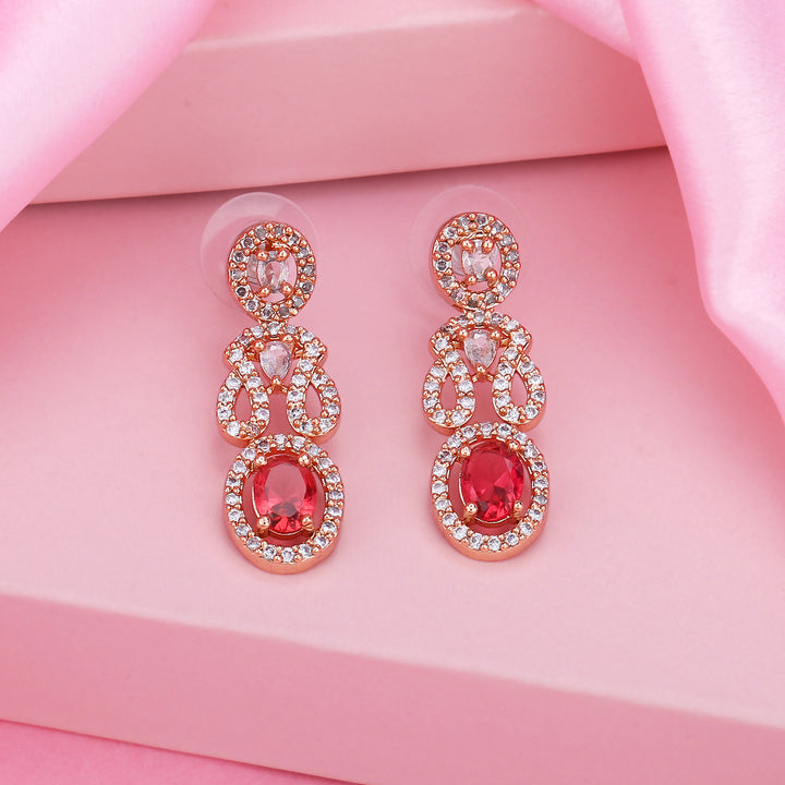 Estele Rose Gold Plated CZ Sparkling Earrings with Ruby Crystals for Women