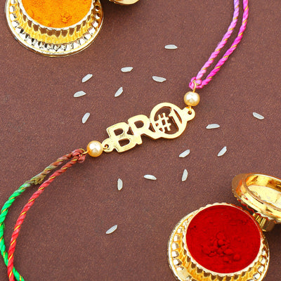Estele Gold Plated Designer Bro#1 Rakhi with Pearls and Multi-Colored Silk Thread for Men's, Boy's and Kid's