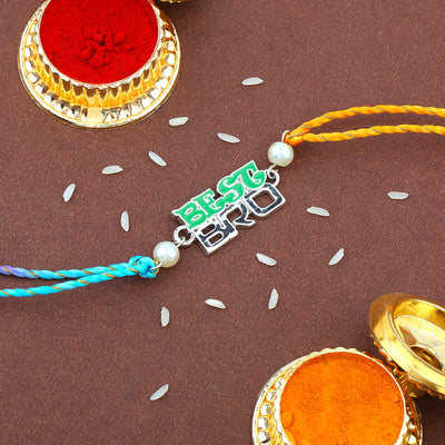 Estele Rhodium Plated Green Enamelled Best BRO Designer Rakhi with Pearls and Multi-Colored Silk Thread for Men's, Boy's and Kid's