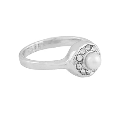 Estele Rhodium Plated Circular Shaped Finger Ring with Austrian Crystals & Pearl for Women