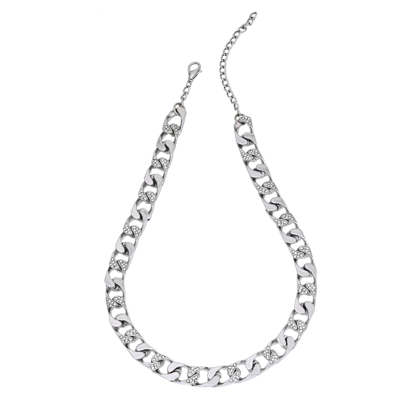 Estele Rhodium Plated Fascinating Cuban Necklace with Crystals for Men & Women