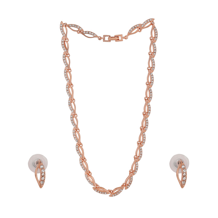 Estele Rose Gold Plated Leaf Designer Necklace Set with Crystals for Women