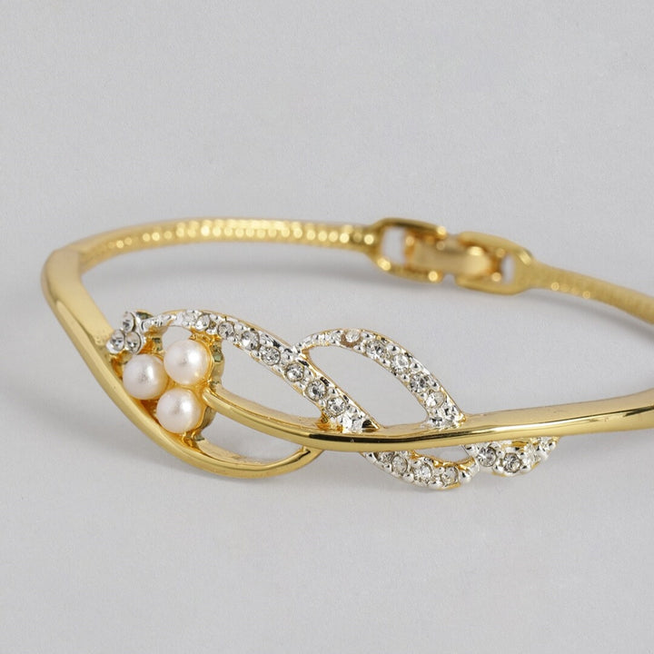 Estele Gold and Silver Plated Pearl 3 Petal Crystal Wave Cuff Bracelet for women