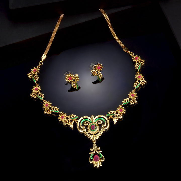 Estele Gold plated Traditional Peepal Necklace Set with Ruby & Enamel for Women