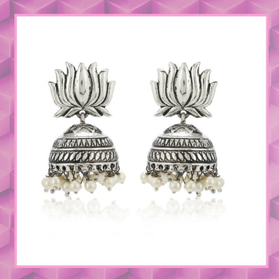 Oxidized Silver Tone Plated Lotus Shape with White beaded Kashmiri Jhumka Earrings