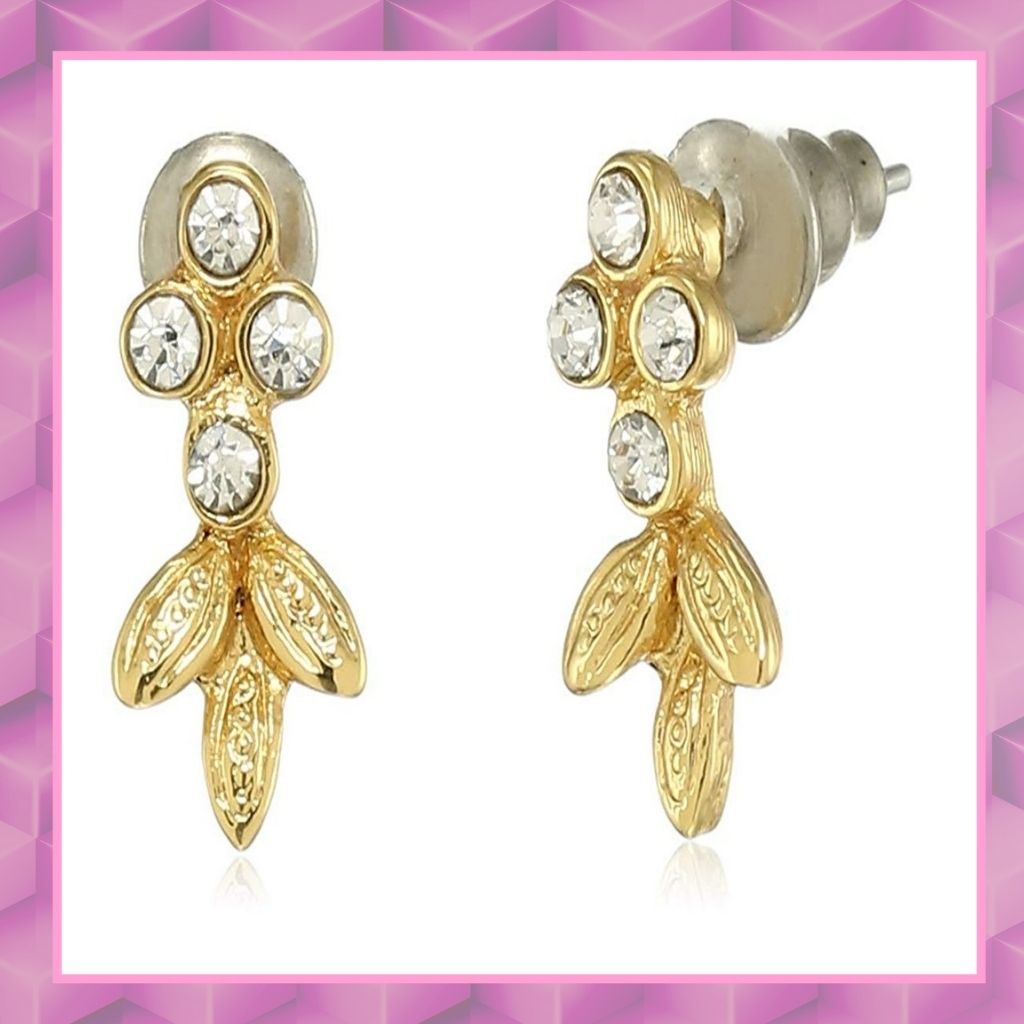 24 Kt Gold Plated Triple leaf triple crystal Stud Earrings