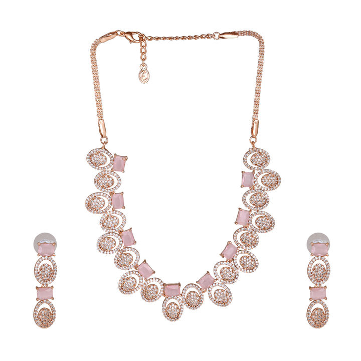 Estele Rose Gold Plated CZ Astonishing Necklace Set with Mint Pink Crystals for Women