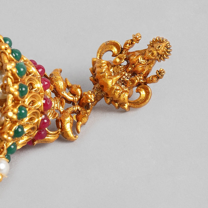 Estele Gold Plated Divinely Crafted Lakshmi Ji Matt Finish Temple Necklace Set with Colored Stones and Pearls for Women
