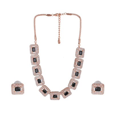 Estele Rose Gold Plated CZ Shimmering Necklace Set with Black Crystals for Women