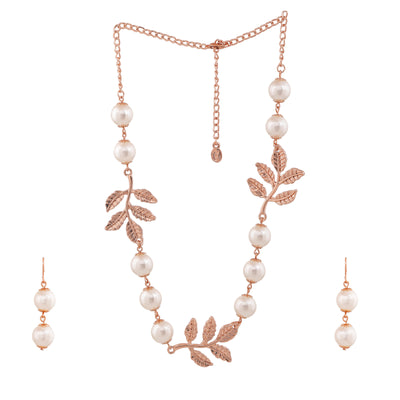 Estele Rose Gold Plated Leaf Designer Necklace Set with Pearls for Women