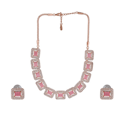 Estele Rose Gold Plated CZ Shimmering Necklace Set with Mint Pink Crystals for Women