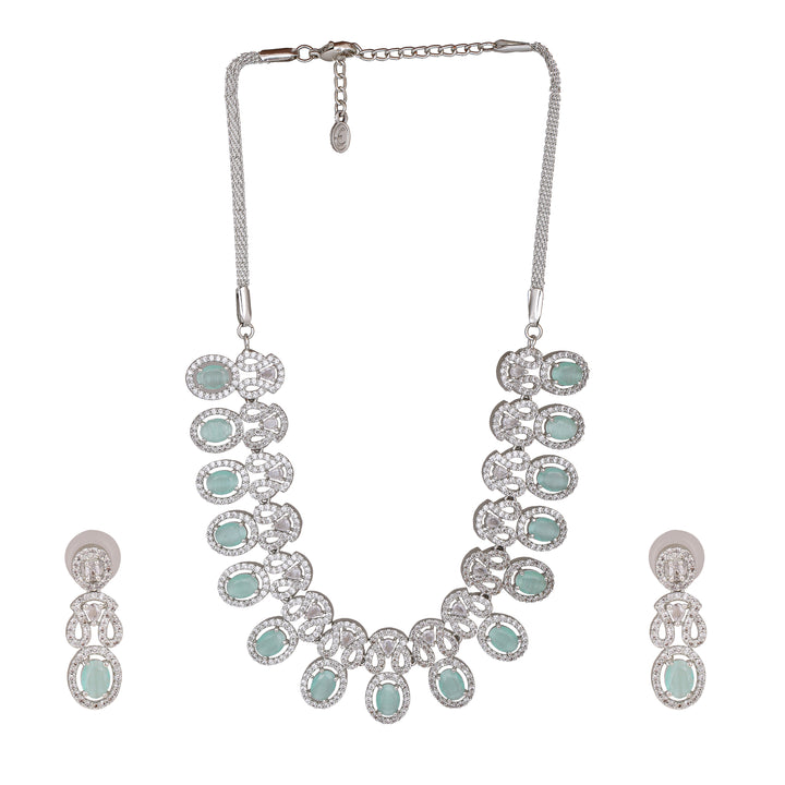 Estele Rhodium Plated CZ Fascinating Necklace Set with Mint Green Crystals for Women