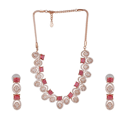 Estele Rose Gold Plated CZ Marvelous Necklace Set with Pink Crystals for Women