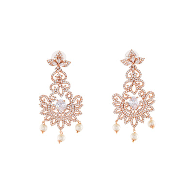 Estele Rose Gold Plated CZ Dazzling Diva Chandelier Earrings for Women