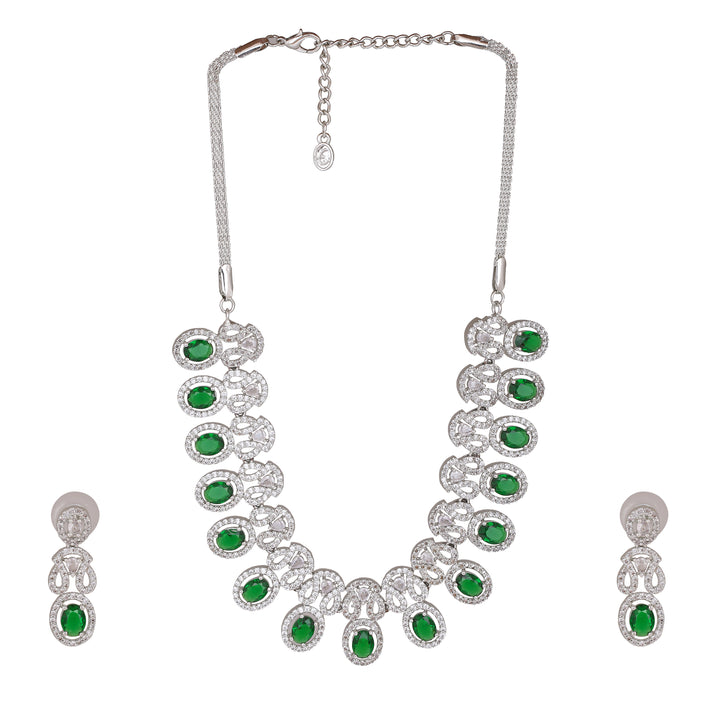 Estele Rhodium Plated CZ Gorgeous Necklace Set with Green Crystals for Women