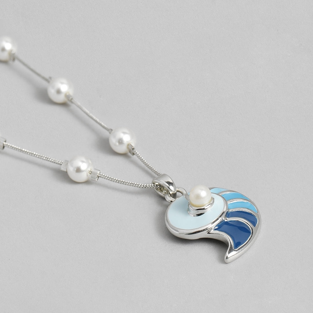 Estele Rhodium Plated Shell of Blue Chain Necklaces