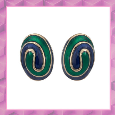 Estele Gold Plated blue green enamel swirl oval Stud Earrings for women
