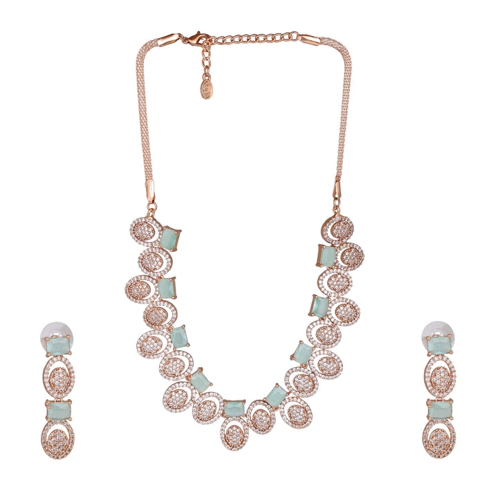 Estele Rose Gold Plated CZ Fascinating Necklace Set with Mint Green Crystals for Women