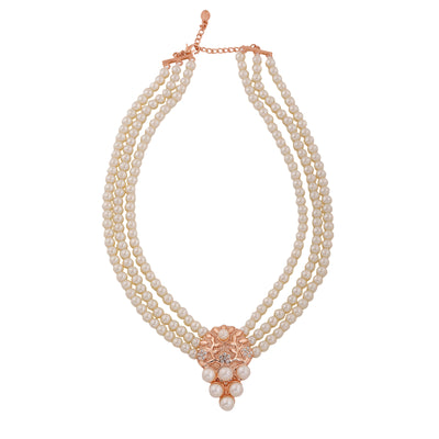 Estele Rose Gold Plated Sparkling Necklace Set with Pearls for Women