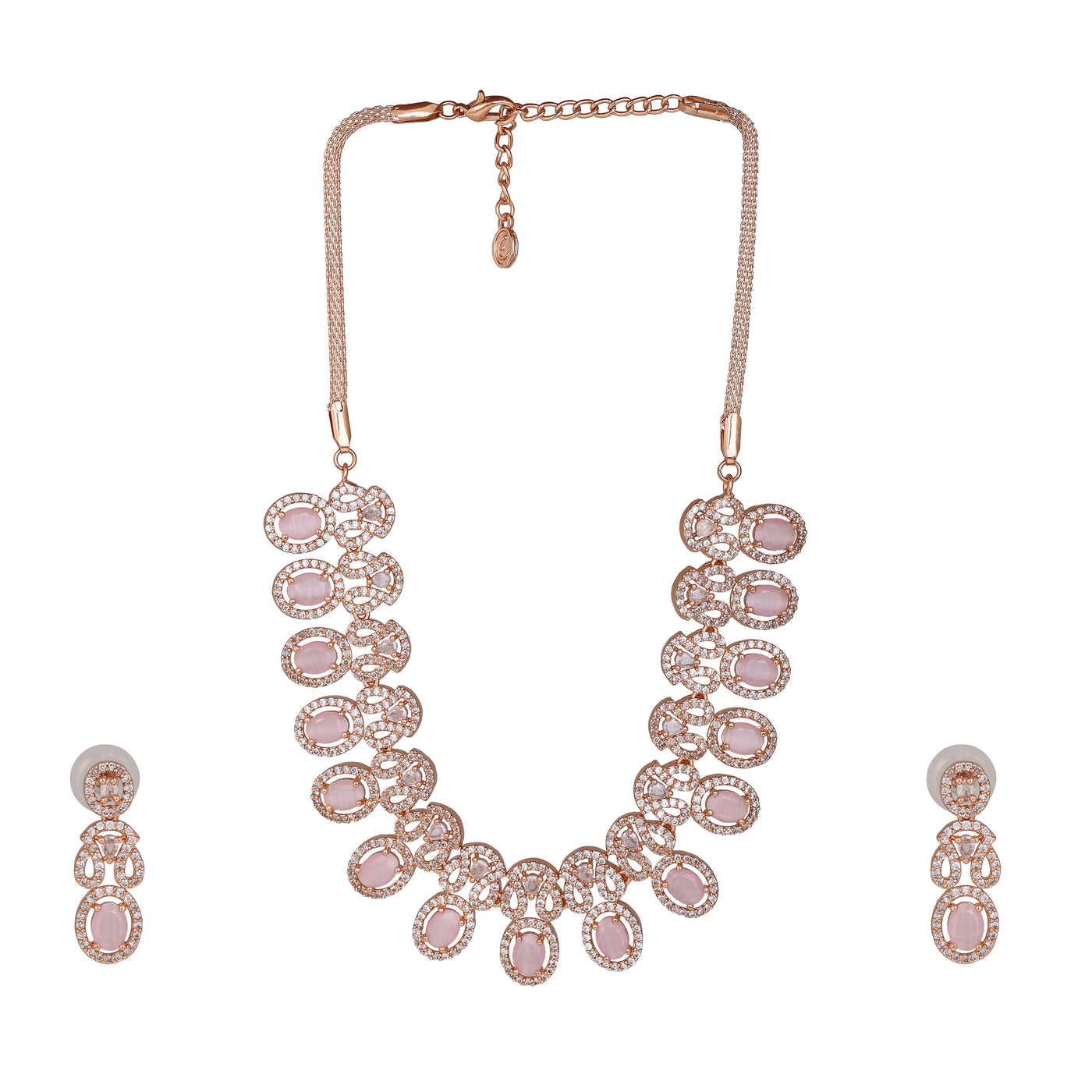 Estele Rose Gold Plated CZ Ravishing Necklace Set with Mint Pink Crystals for Women