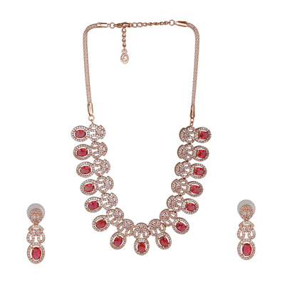 Estele Rose Gold Plated Dazzling Necklace Set with Ruby Stones for Women