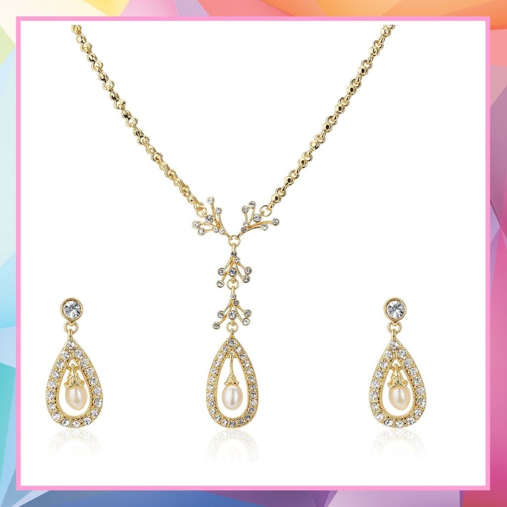 Estele 24 Kt Gold Plated with Austrian Crystal and Pearl Necklace Set for Women
