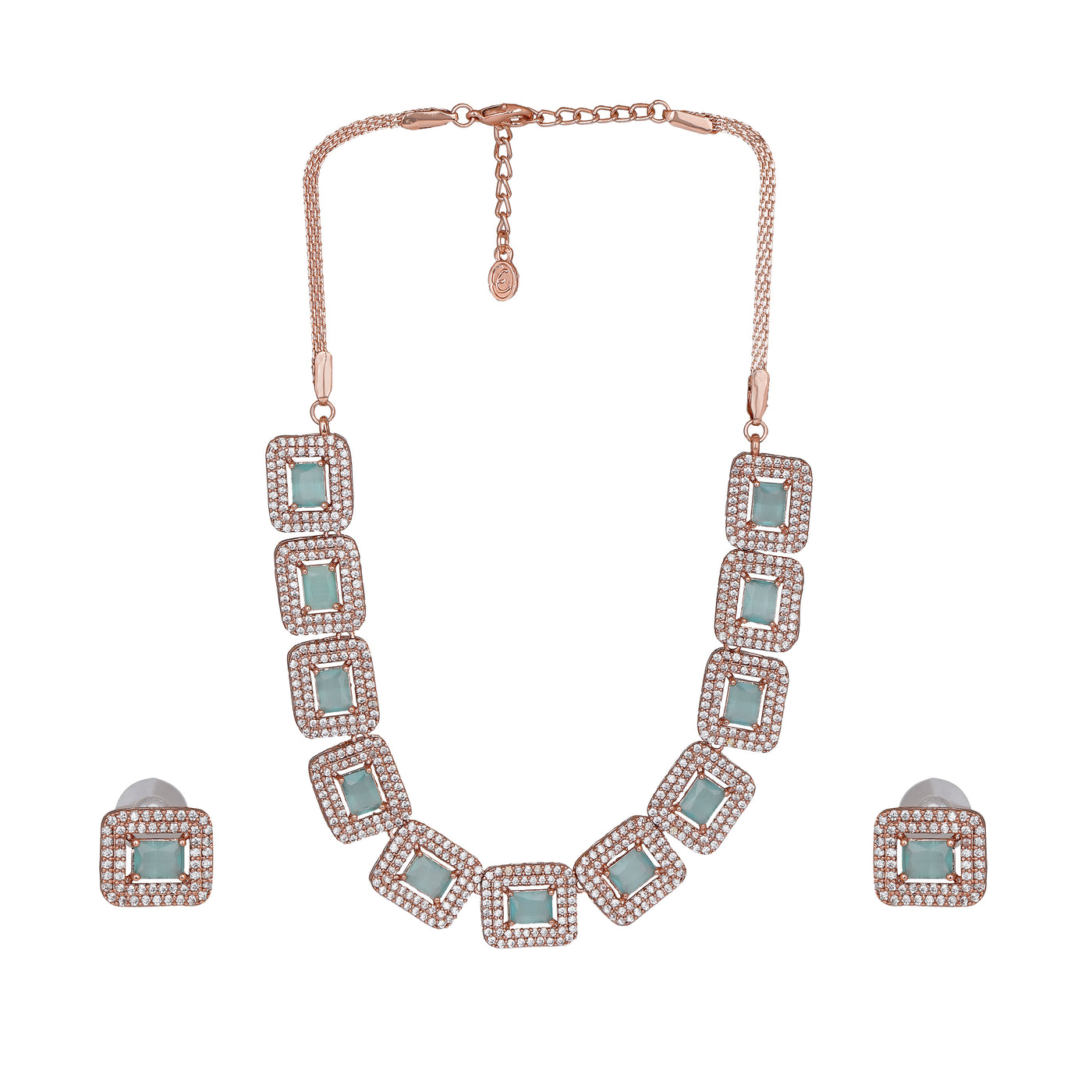 Estele Rose Gold Plated CZ Shimmering Necklace Set with Mint Green Crystals for Women