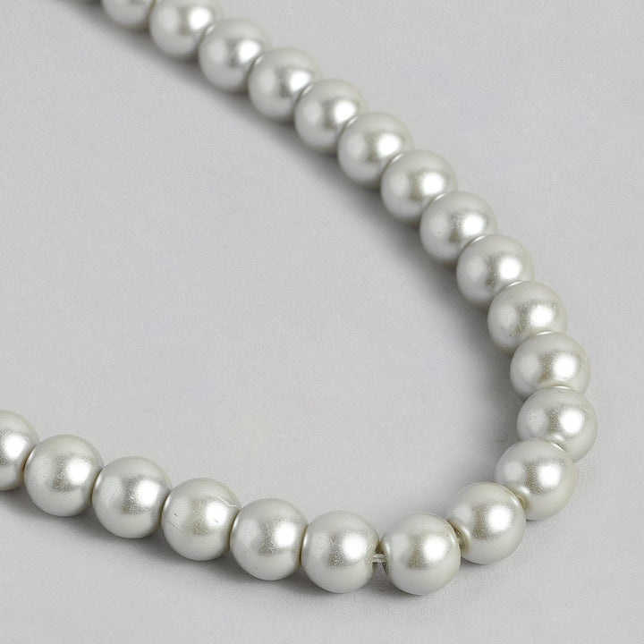 Estele Rhodium Plated Sparkling Grey Pearl Single Line Necklace for Women