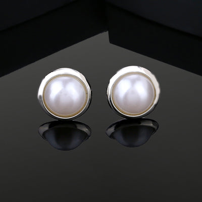Estele Rhodium Plated Round Pearl Stud Earrings for Women